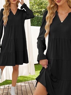 NWT  Women's Long Sleeve Midi V Neck Flowy Swing Ruffle Tiered Casual Dress